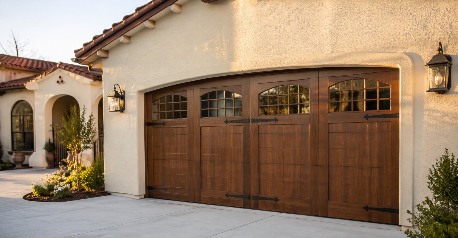 Carriage-style garage door on a stucco home